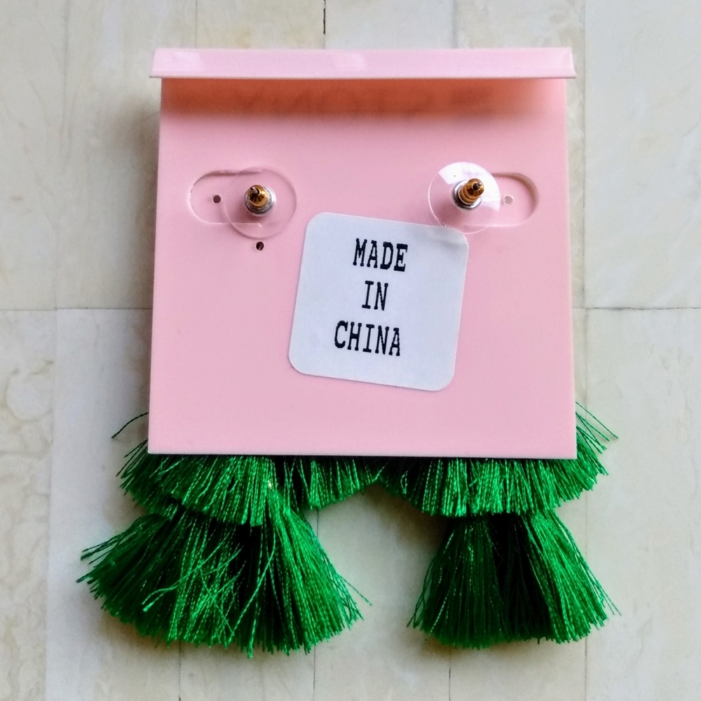 Stony Gold and Green Statement Tassel Earrings - Picture 2 of 3